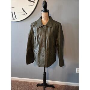 Cami 100% leather quilted lined jacket green button front 14W
